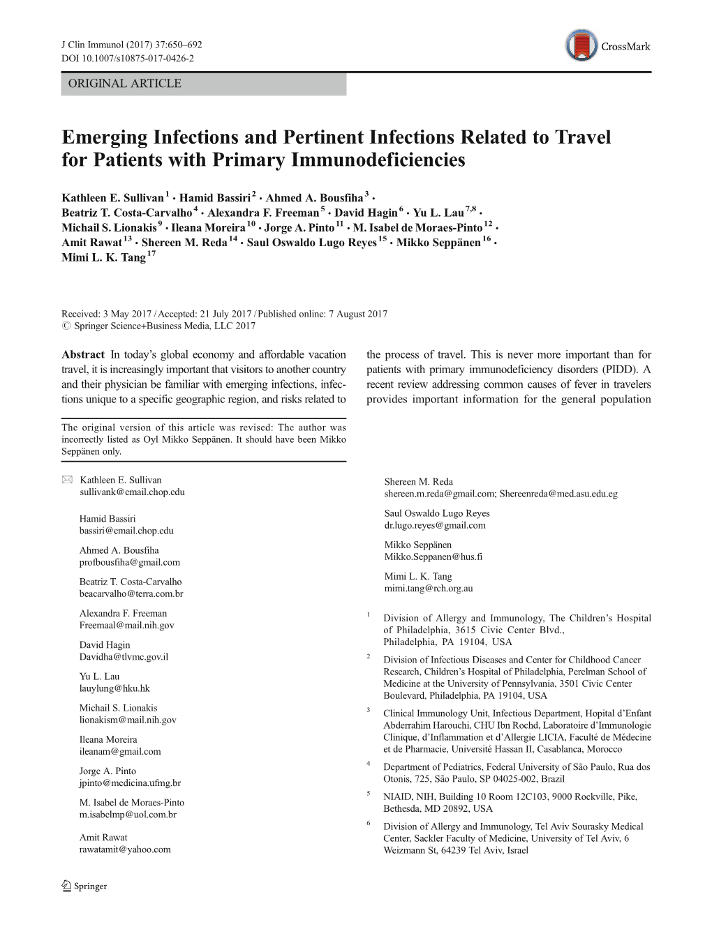 Emerging Infections and Pertinent Infections Related to Travel for Patients with Primary Immunodeficiencies