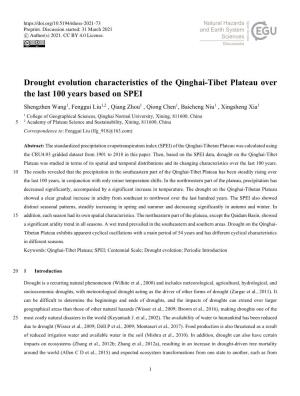 Drought Evolution Characteristics of the Qinghai-Tibet Plateau Over the Last 100 Years Based on SPEI