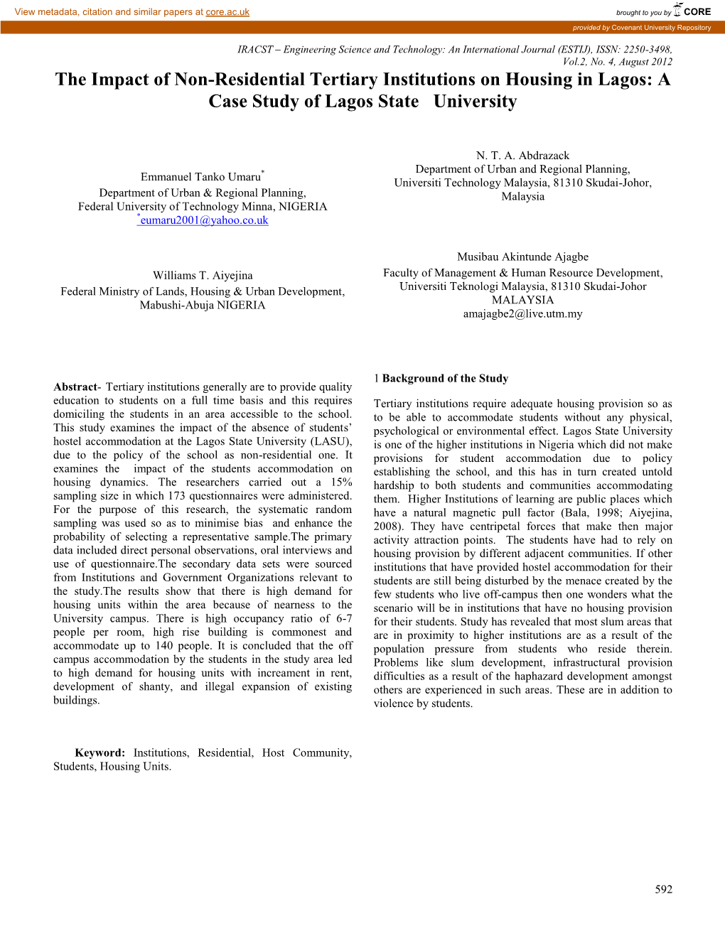 The Impacts of Non-Residential Tertiary Institution on Housing In