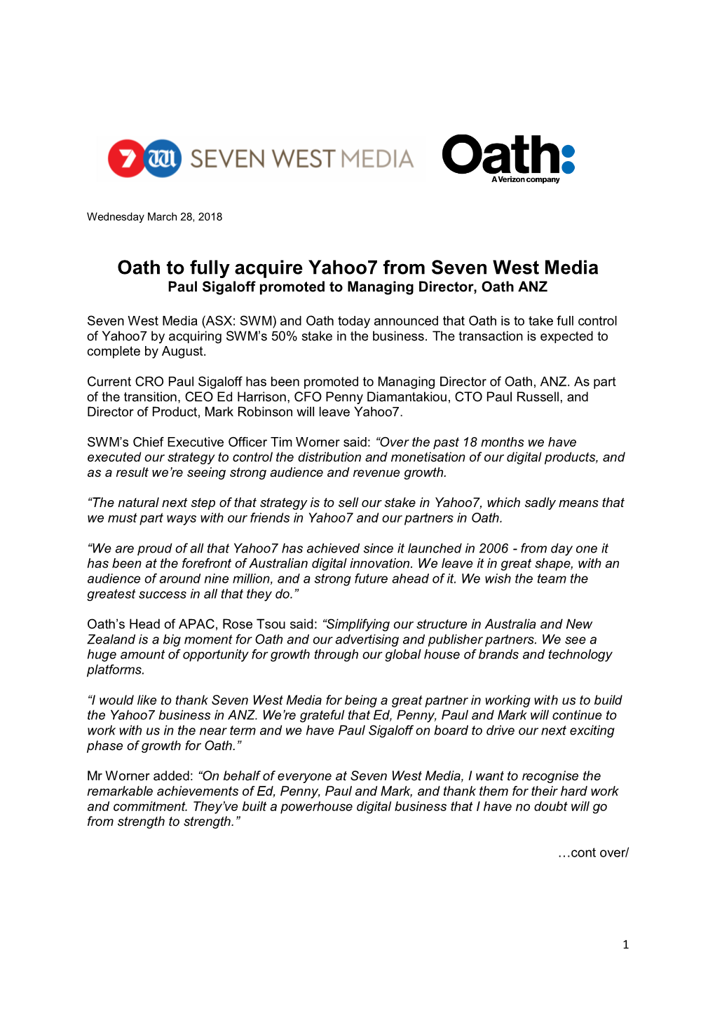 Oath to Fully Acquire Yahoo7 from Seven West Media Paul Sigaloff Promoted to Managing Director, Oath ANZ