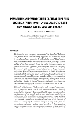 PEMBENTUKAN PEMERINTAHAN DARURAT REPUBLIK INDONESIA TAHUN 1948-1949 DALAM PERSPEKTIF FIQH SIYASAH DAN HUKUM TATA NEGARA Moch