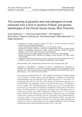 The Screening of Parasites and Viral Pathogens of Small Mammals from a Farm in Southern Finland, and Genetic Identification of the Finnish House Mouse,Mus Musculus