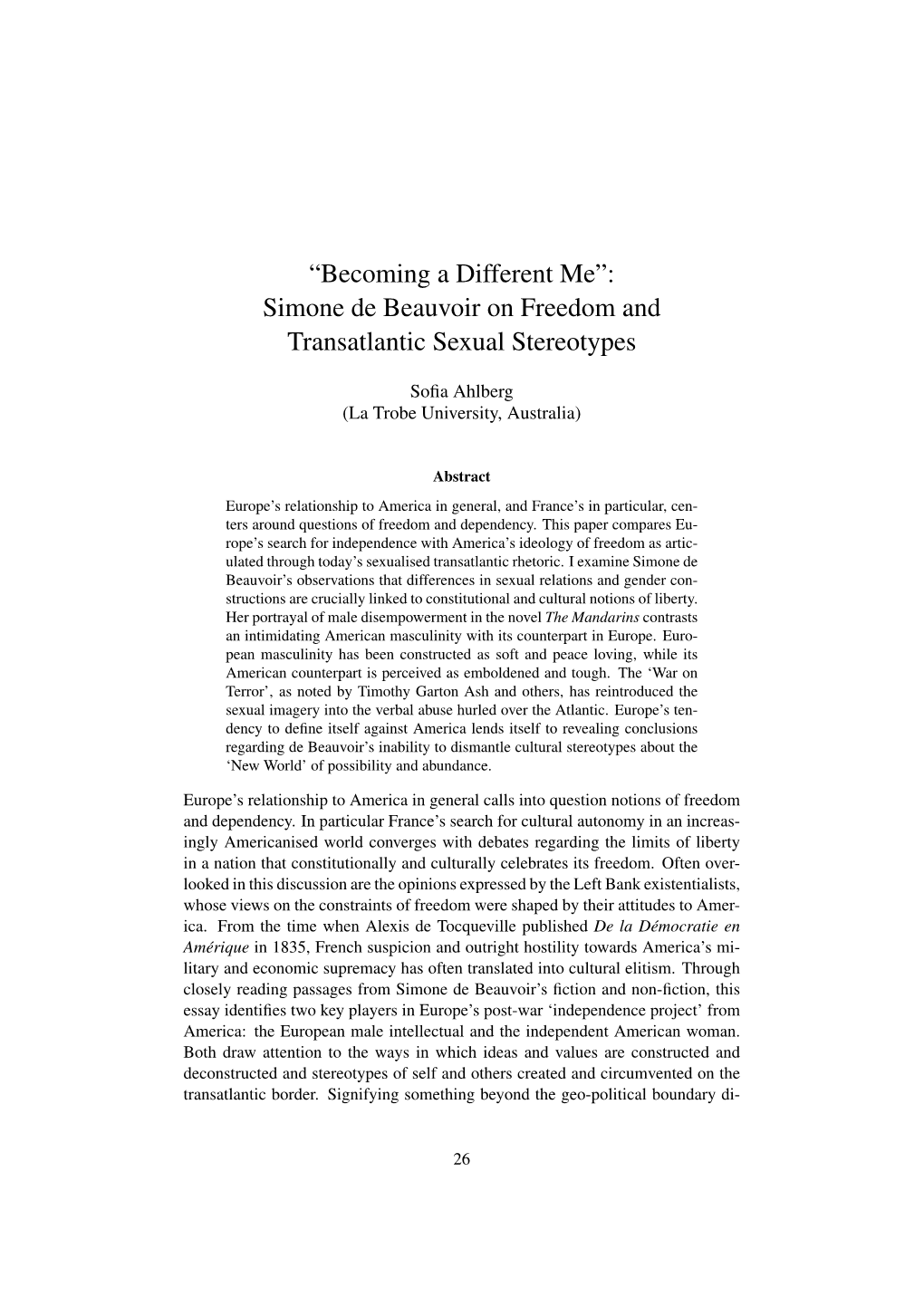 “Becoming a Different Me”: Simone De Beauvoir on Freedom and Transatlantic Sexual Stereotypes
