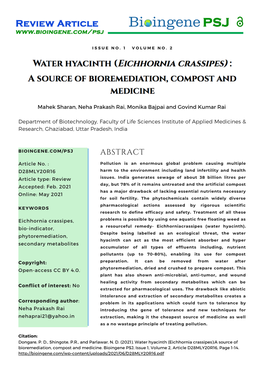 Water Hyacinth (Eichhornia Crassipes):A Source of Bioremediation, Compost and Medicine