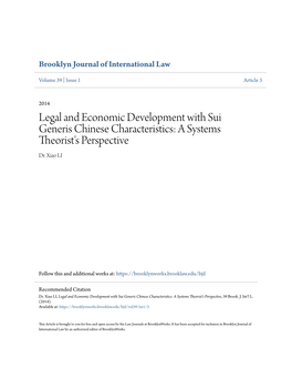 Legal and Economic Development with Sui Generis Chinese Characteristics: a Systems Theorist's Perspective Dr