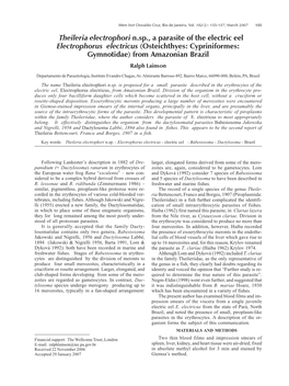 Theileria Electrophori N.Sp., a Parasite of the Electric Eel Electrophorus Electricus (Osteichthyes: Cypriniformes: Gymnotidae) from Amazonian Brazil Ralph Lainson