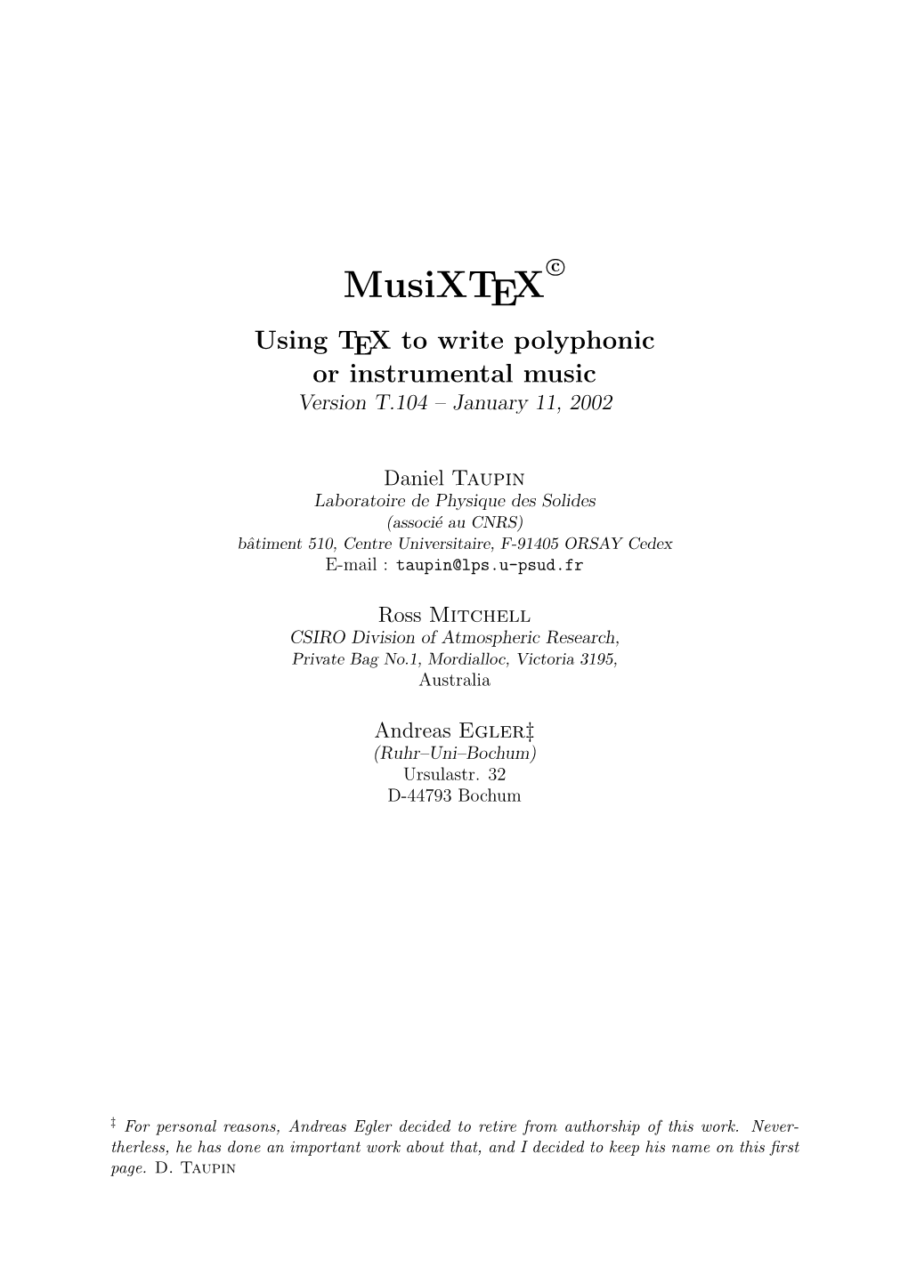 Musixtex Using TEX to Write Polyphonic Or Instrumental Music Version T.104 – January 11, 2002