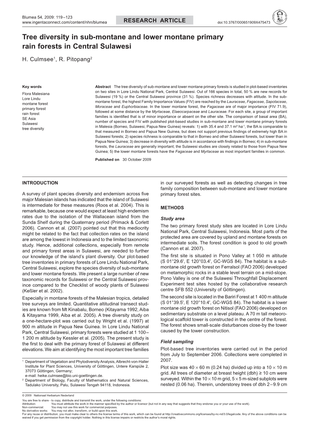 Tree Diversity in Sub-Montane and Lower Montane Primary Rain Forests in Central Sulawesi