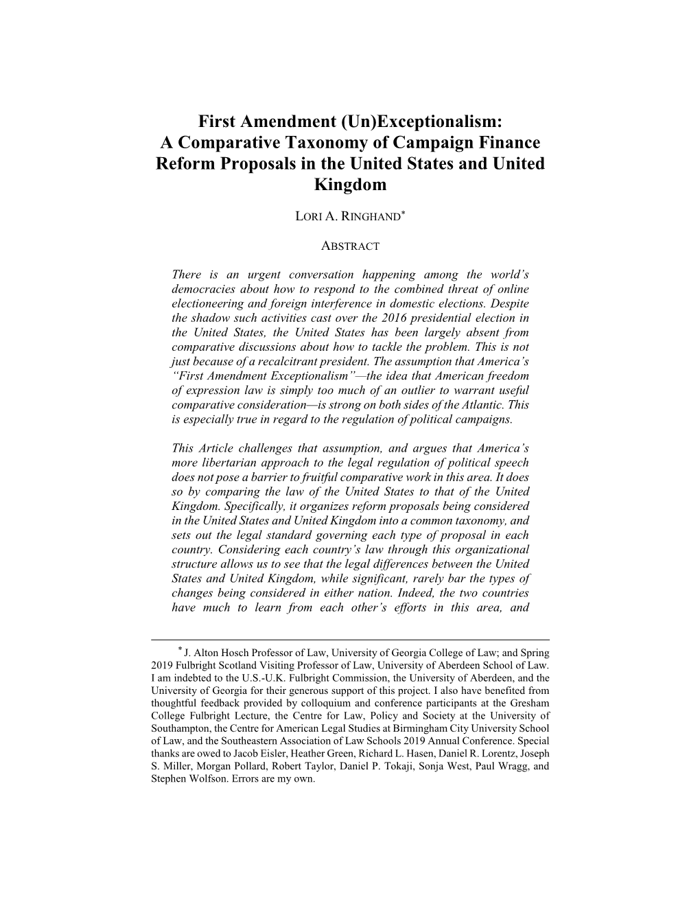 Exceptionalism: a Comparative Taxonomy of Campaign Finance Reform Proposals in the United States and United Kingdom