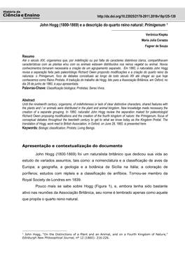 John Hogg (1800-1869) E a Descrição Do Quarto Reino Natural: Primigenum 1 ______Verônica Klepka Maria Julia Corazza Fagner De Souza
