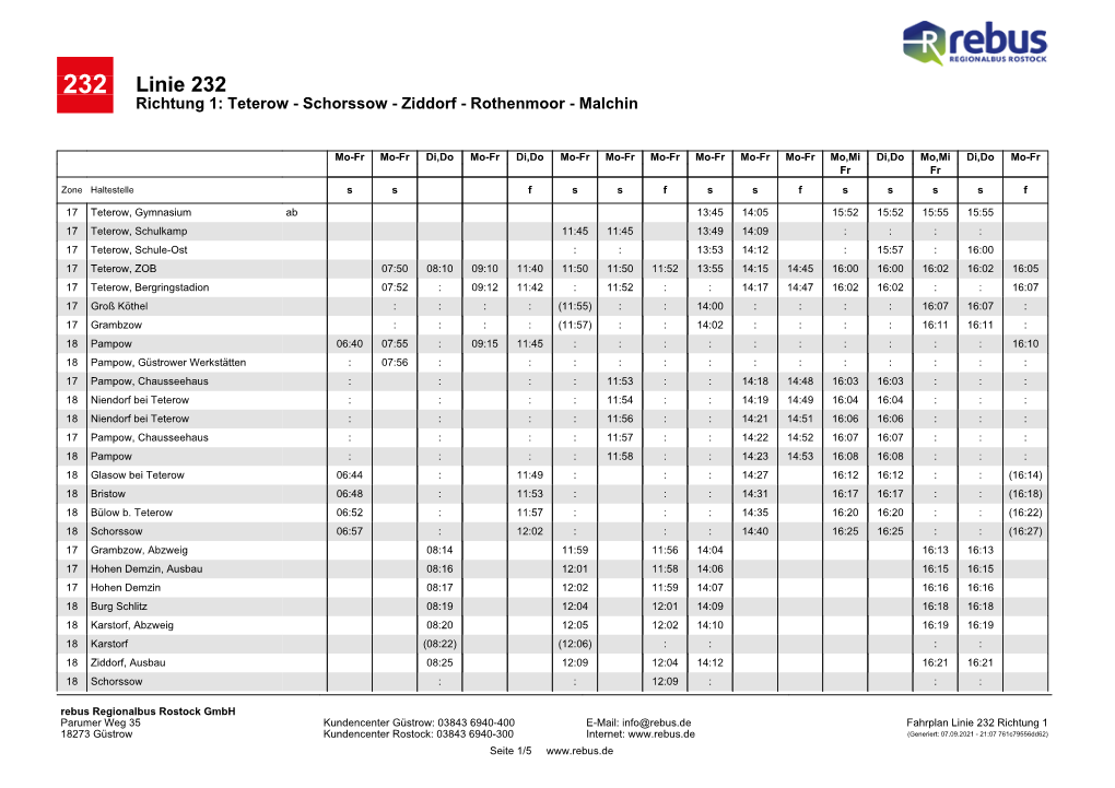 Buslinie 232 Richtung 1 : Teterow