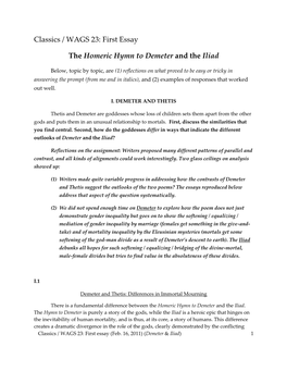 First Essay the Homeric Hymn to Demeter and the Iliad