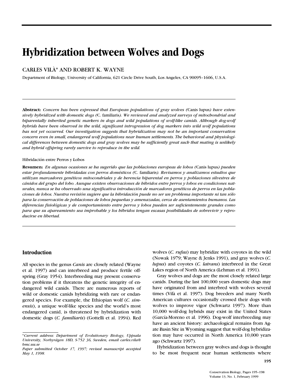 Hybridization Between Wolves and Dogs