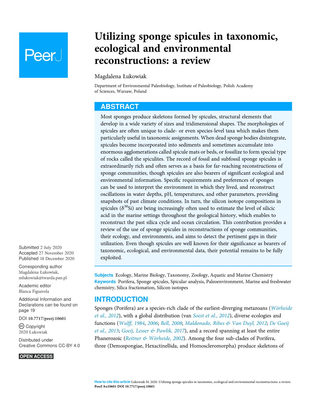 Utilizing Sponge Spicules in Taxonomic, Ecological and Environmental Reconstructions: a Review