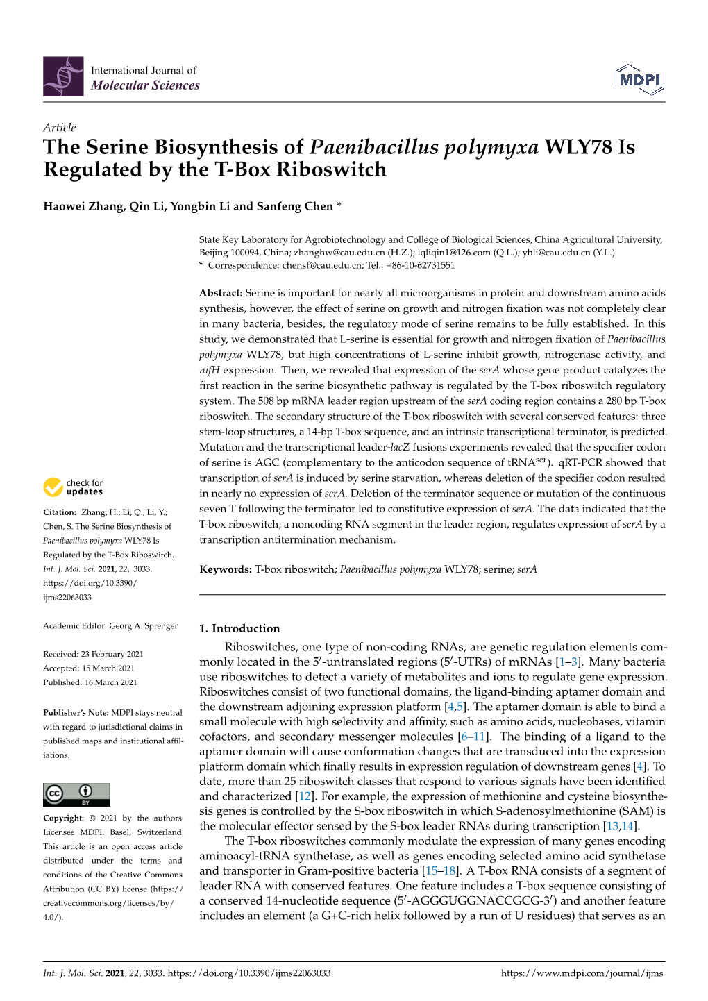 The Serine Biosynthesis of Paenibacillus Polymyxa WLY78 Is Regulated by the T-Box Riboswitch