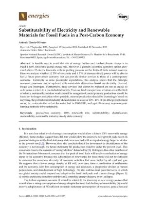 Substitutability of Electricity and Renewable Materials for Fossil Fuels in a Post-Carbon Economy