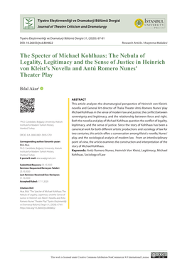 The Specter of Michael Kohlhaas: the Nebula of Legality, Legitimacy and the Sense of Justice in Heinrich Von Kleist's Novella