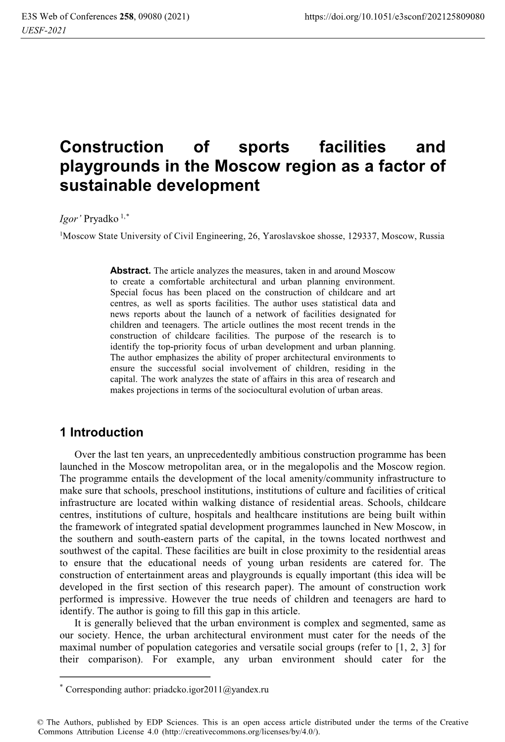 Construction of Sports Facilities and Playgrounds in the Moscow Region As a Factor of Sustainable Development