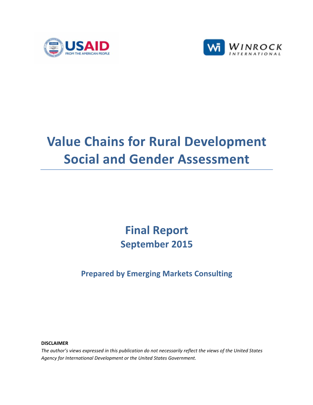 Value Chains for Rural Development Social and Gender Assessment