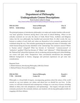 Fall 2014 Department of Philosophy Undergraduate Course Descriptions