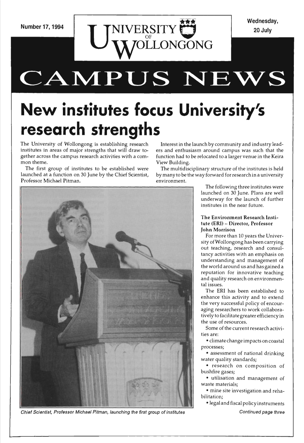 University of Wollongong Campus News 20 July 1994