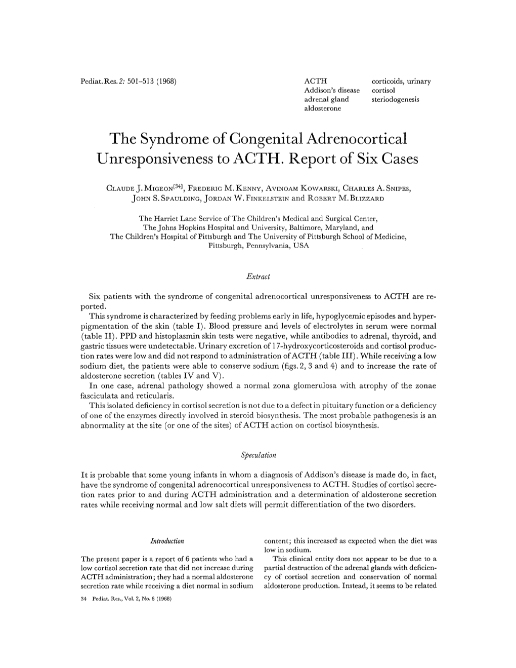 The Syndrome of Congenital Adrenocortical Unresponsiveness to AGTH
