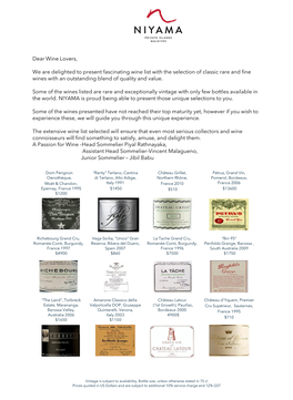 Dear Wine Lovers, We Are Delighted to Present Fascinating Wine List With