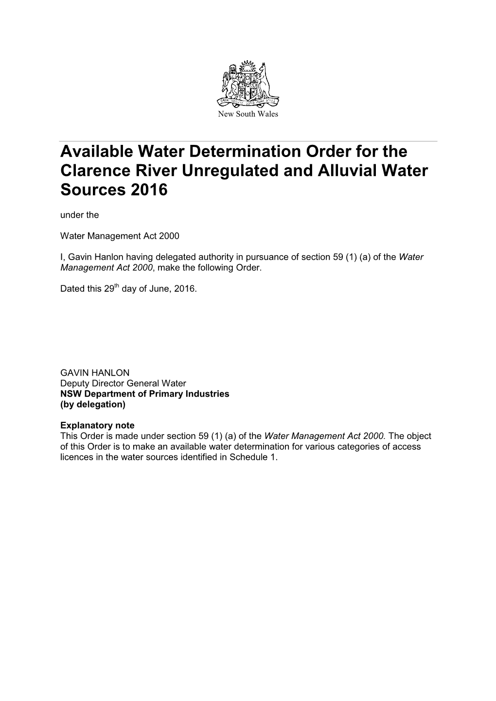 Available Water Determination Order for the Clarence River Unregulated and Alluvial Water Sources 2016