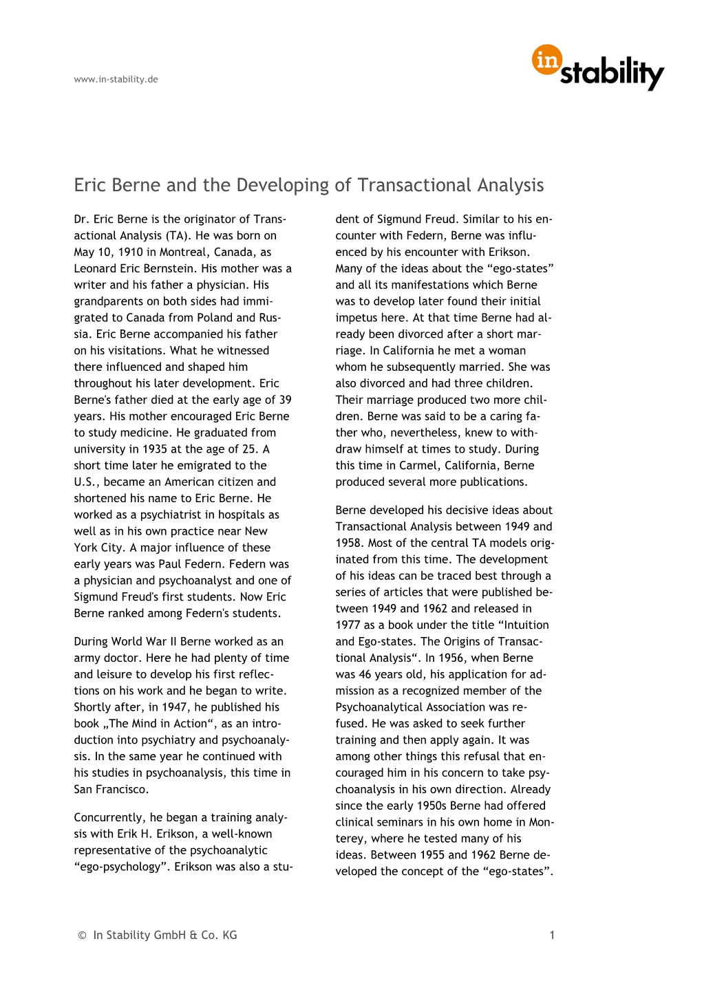 Article , 12.3.2013 Eric Berne and the Developing of Transactional Analysis