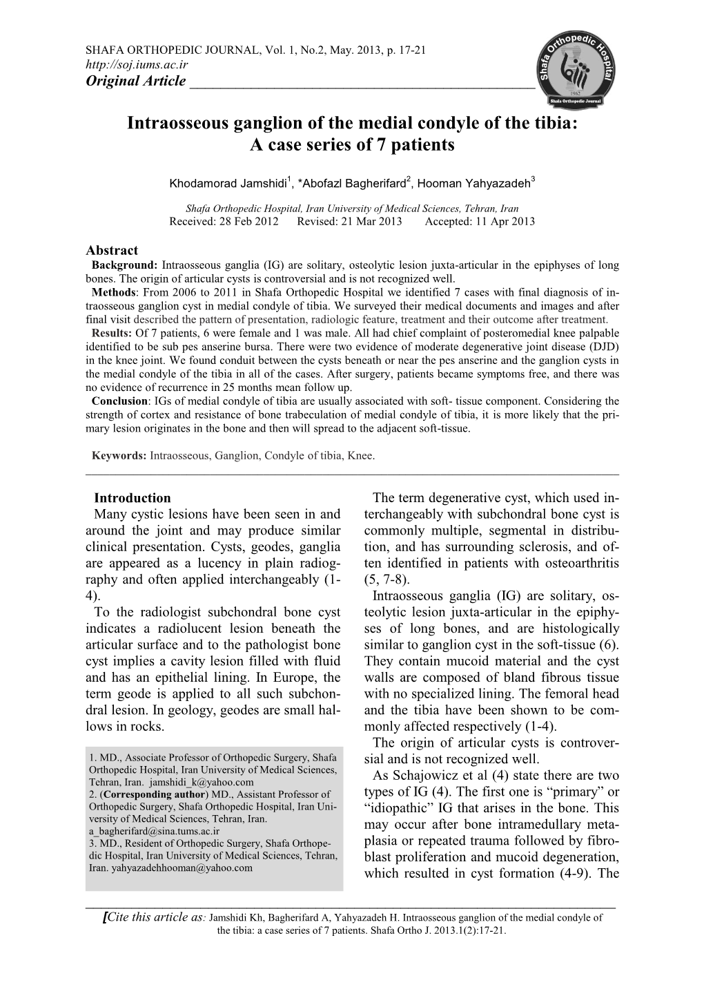 Intraosseous Ganglion of the Medial Condyle of the Tibia: a Case Series of 7 Patients