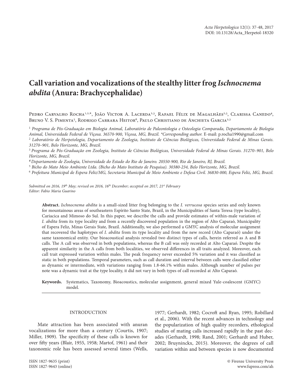 Call Variation and Vocalizations of the Stealthy Litter Frog Ischnocnema Abdita (Anura: Brachycephalidae)