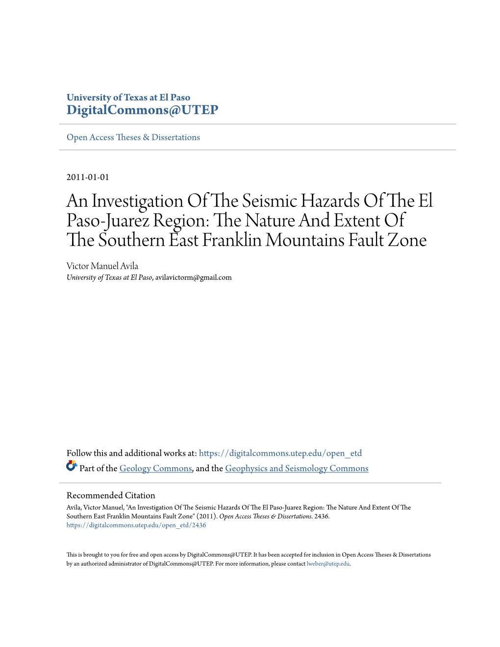 An Investigation of the Seismic Hazards of the El Paso-Juarez Region