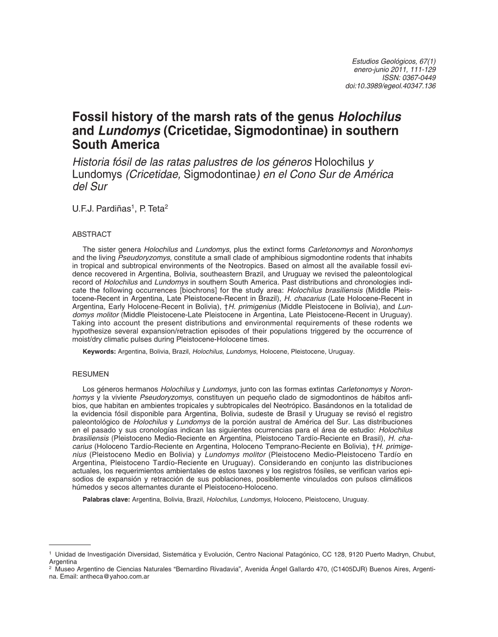 Fossil History of the Marsh Rats of the Genus Holochilus