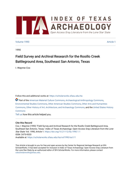 Field Survey and Archival Research for the Rosillo Creek Battleground Area, Southeast San Antonio, Texas