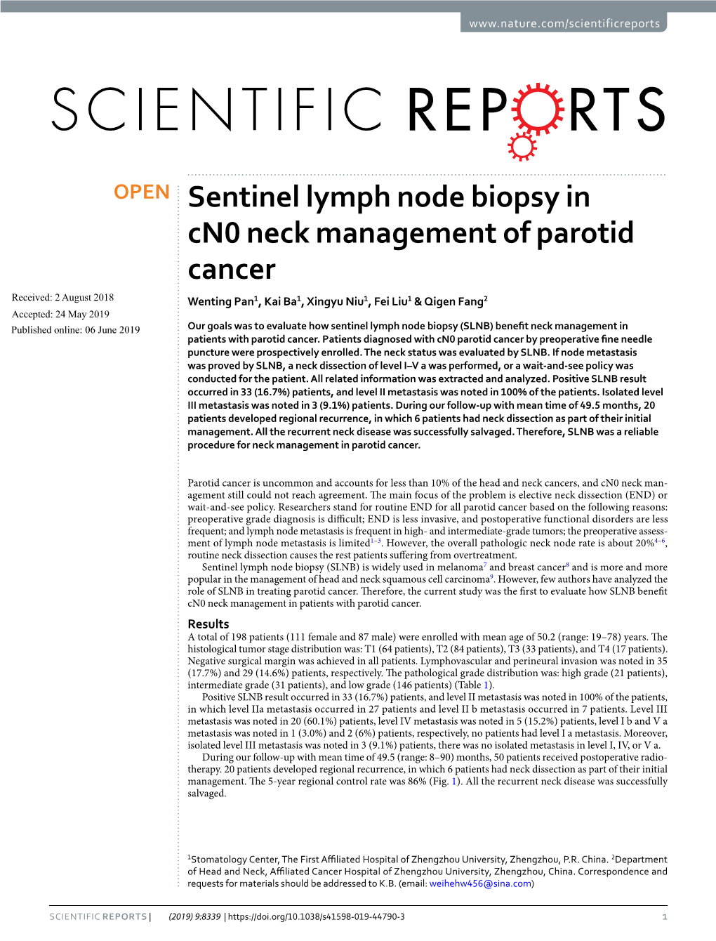 Sentinel Lymph Node Biopsy in Cn0 Neck Management of Parotid Cancer