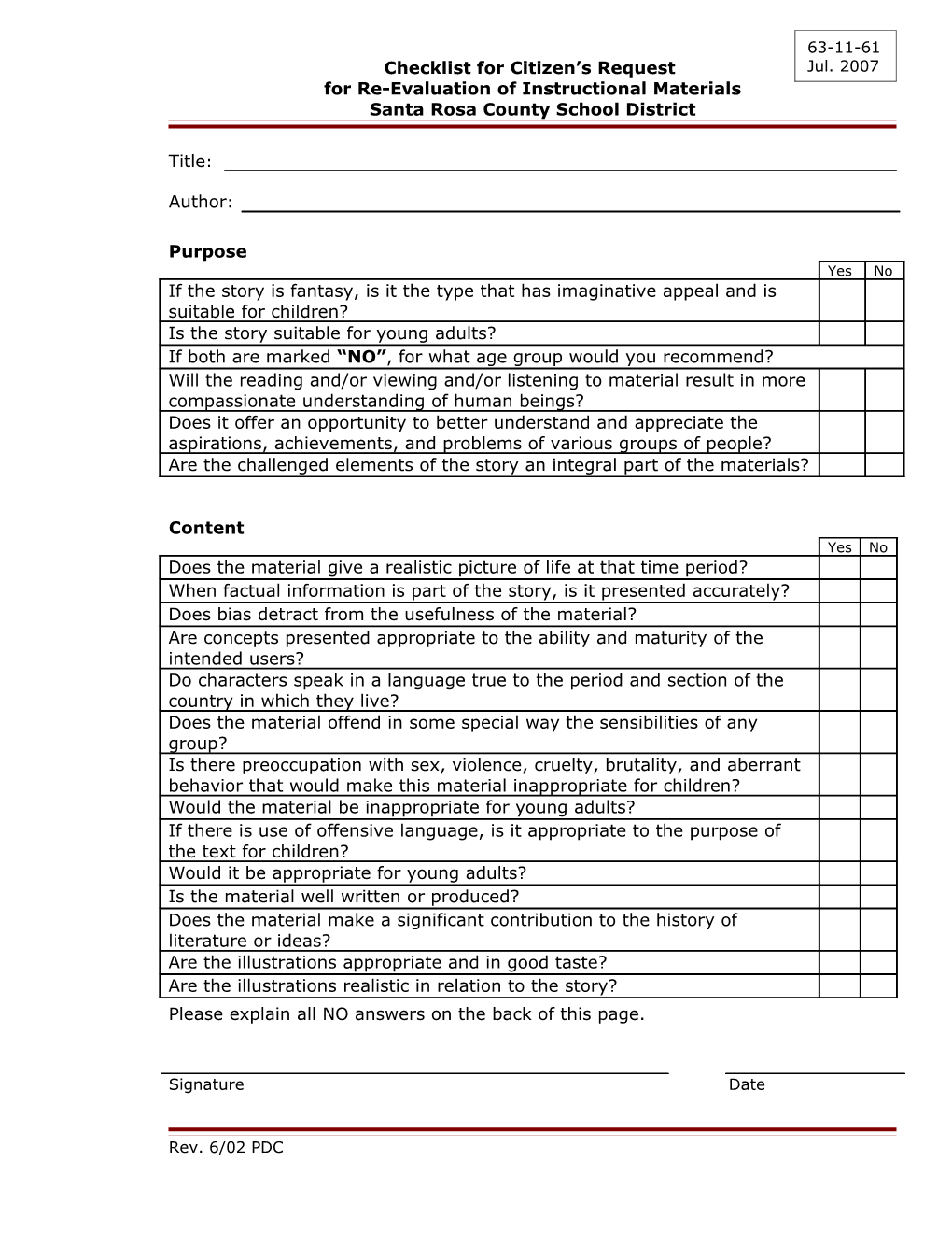 Checklist for Citizen S Request for Re-Evaluation of Instructional Materials