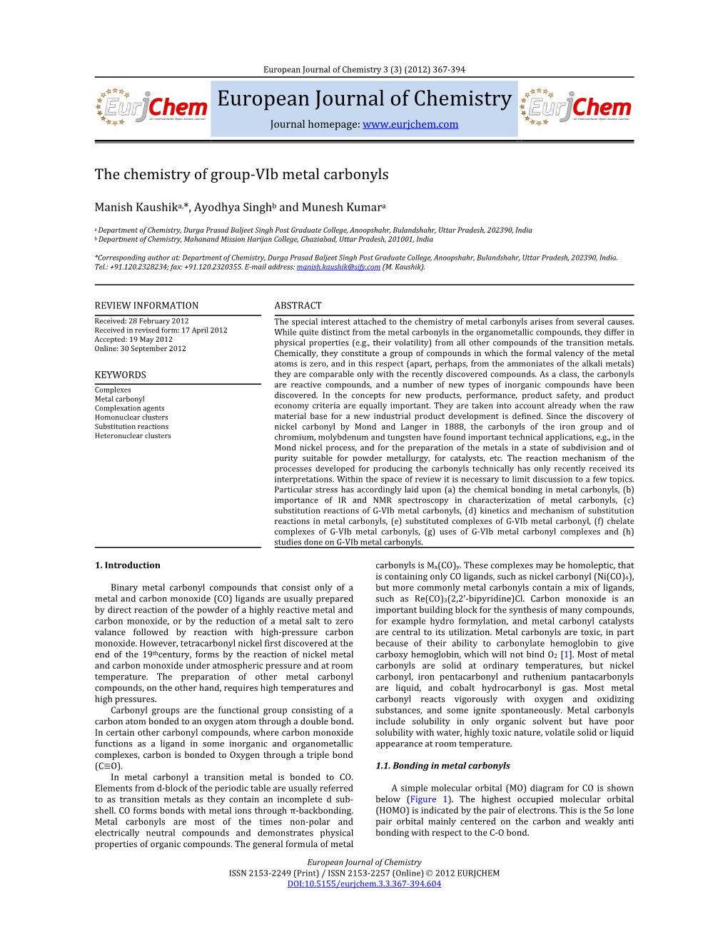 European Journal of Chemistry 3 (3) (2012) 367‐394