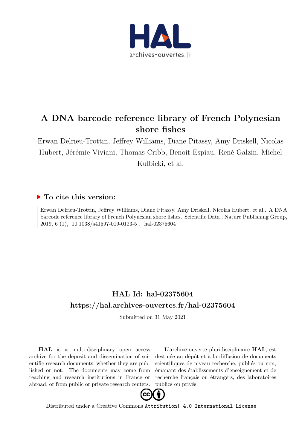 A DNA Barcode Reference Library of French Polynesian Shore Fishes