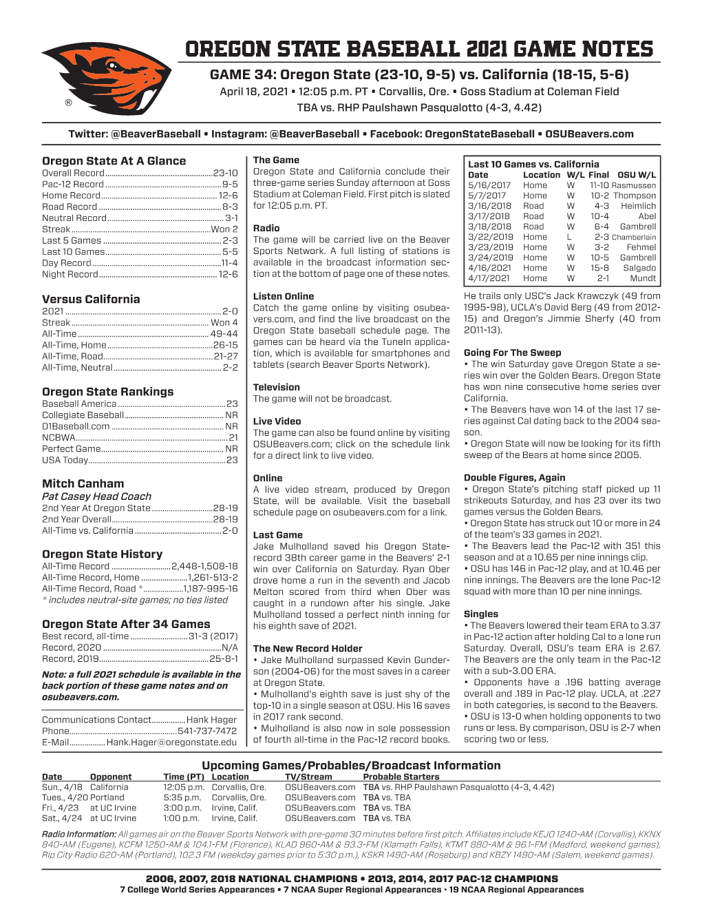 OREGON STATE BASEBALL 2021 GAME NOTES GAME 34: Oregon State (23-10, 9-5) Vs