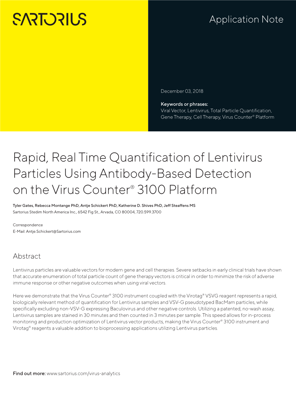 Rapid, Real Time Quantification of Lentivirus Particles Using Antibody-Based Detection on the Virus Counter® 3100 Platform