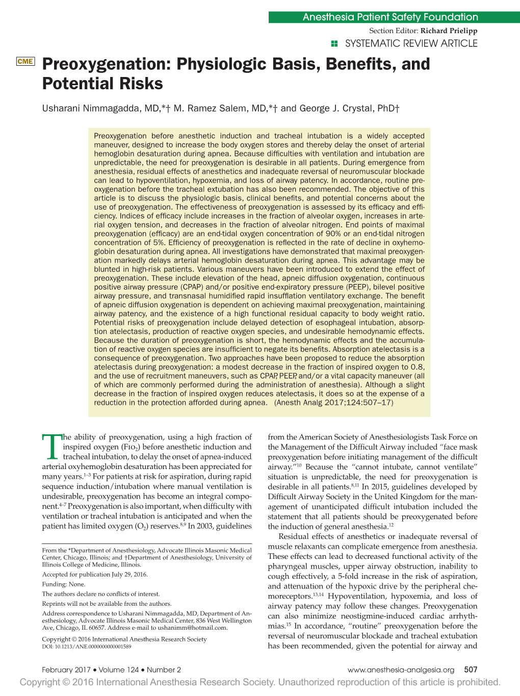 Preoxygenation: Physiologic Basis, Benefits, and Potential Risks