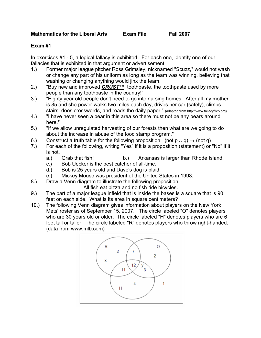 Mathematics for the Liberal Arts Exam File Fall 2007