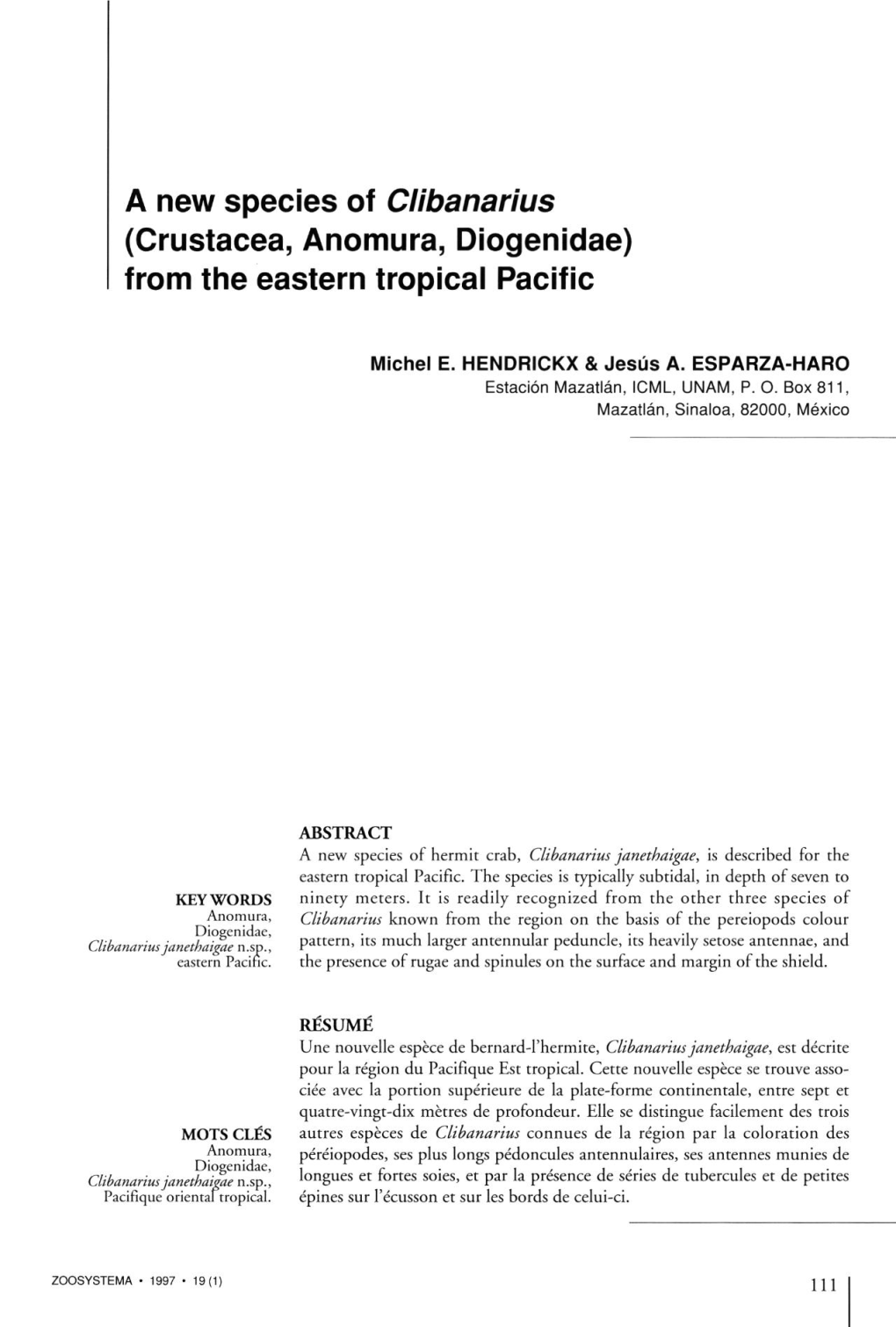 A New Species of Clibanarius (Crustacea, Anomura, Diogenidae) from the Eastern Tropical Pacific
