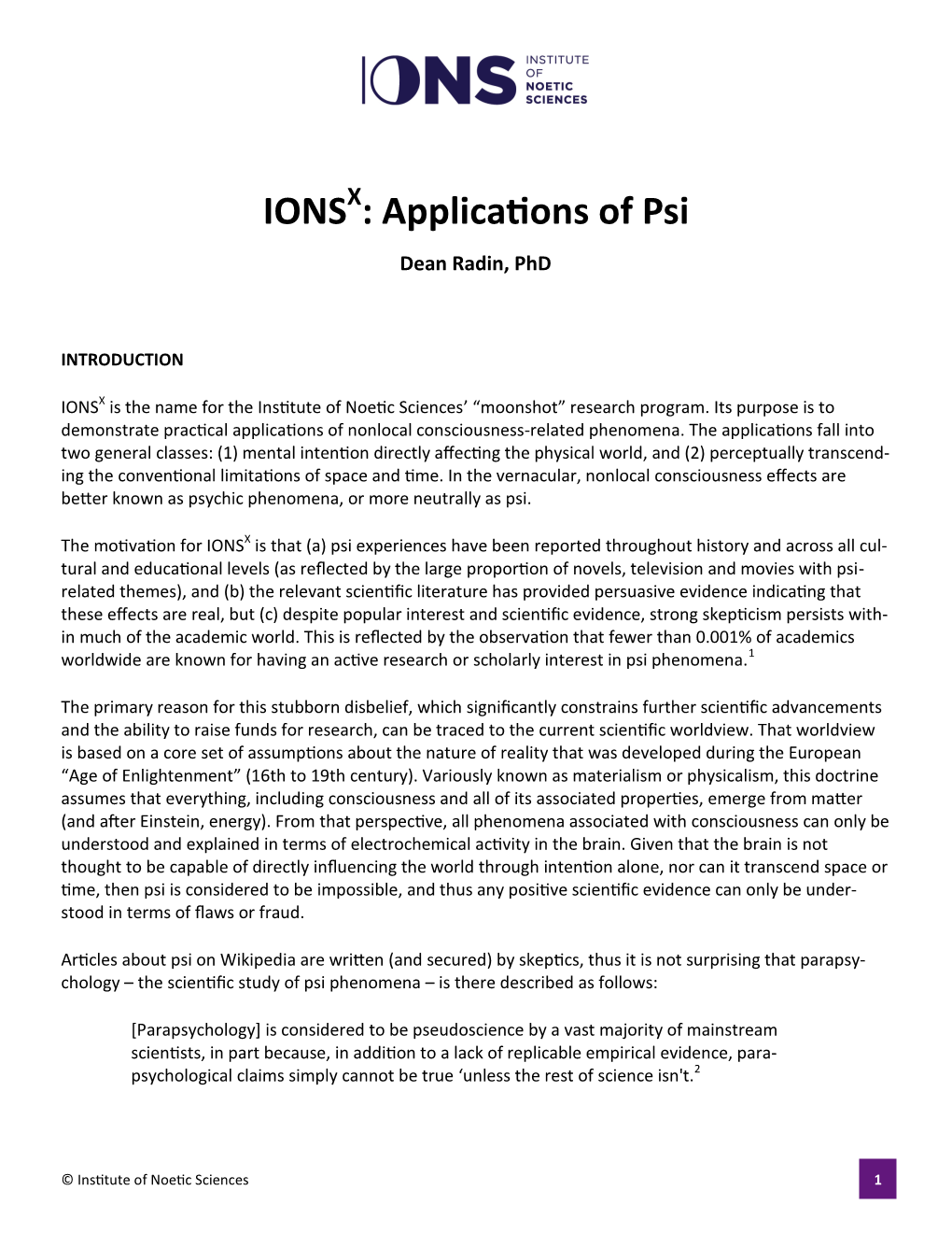 Applications of Psi Dean Radin, Phd