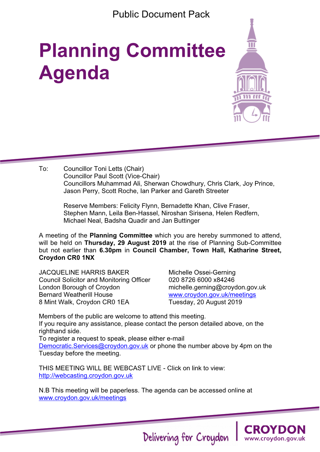 (Public Pack)Agenda Document for Planning Committee, 29/08/2019