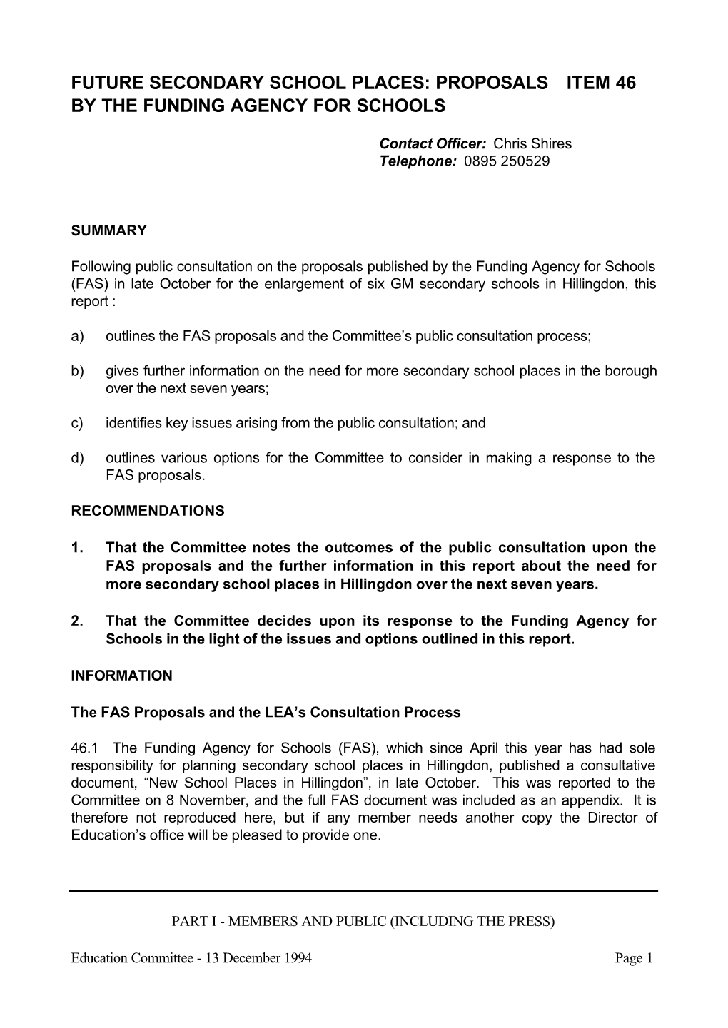 Proposals by the Funding Agency for Schools Item 46