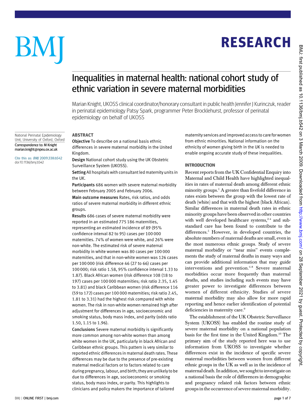 RESEARCH BMJ: First Published As 10.1136/Bmj.B542 on 3 March 2009