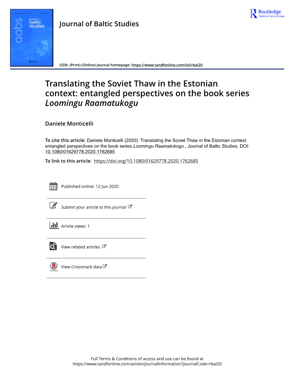 Translating the Soviet Thaw in the Estonian Context: Entangled Perspectives on the Book Series Loomingu Raamatukogu