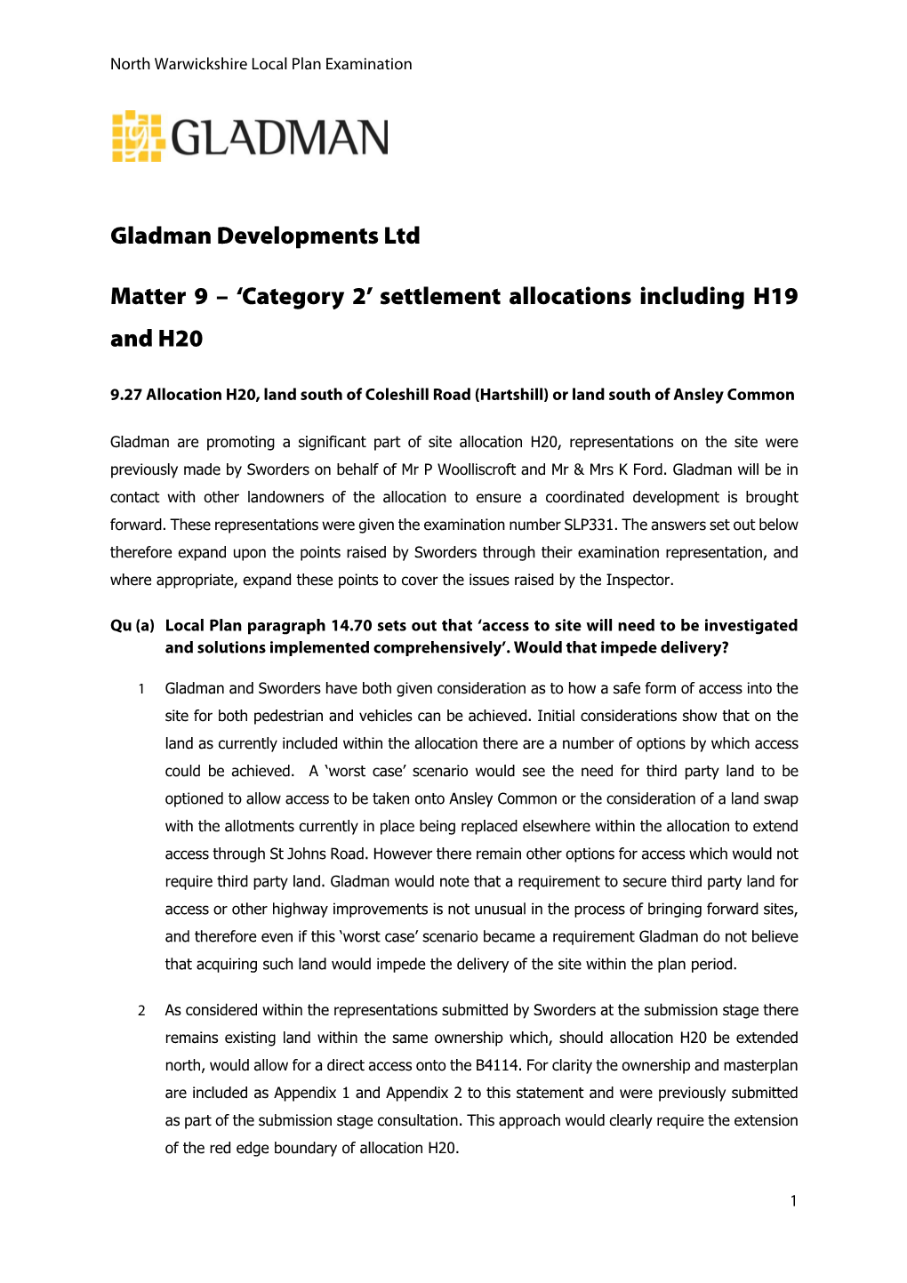 Gladman Developments Ltd Matter 9 – 'Category 2' Settlement Allocations