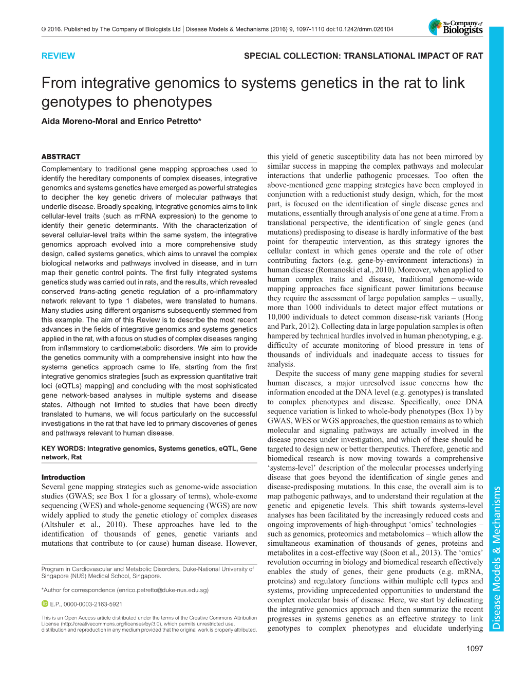 From Integrative Genomics to Systems Genetics in the Rat to Link Genotypes to Phenotypes Aida Moreno-Moral and Enrico Petretto*